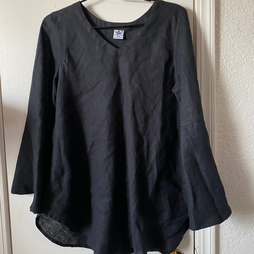 Crown Linen Designs Black 100% European Linen Bell Sleeve V-Neck Blouse Womens M